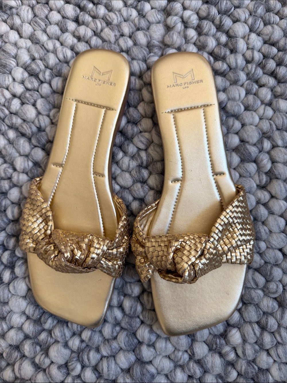 Marc Fisher Metallic Gold Braided Knot Slide Sandals